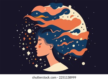 Mädchen mit Weltraumträumen. Frauen mit dem Universum der Sternennacht im Haar. Konzept in flacher Farbgrafik. Vektorgrafik