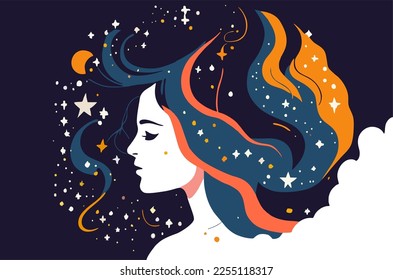 Girl with space dreams. Women with the universe of starry night in their hair. Concept in flat color graphic. Vector illustration