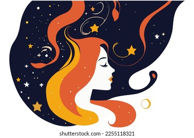 Niña con sueños espaciales. Mujeres con el universo de la noche estrellada en su cabello. Concepto en gráfico de color plano. Ilustración del vector