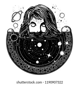 Girl and space, goodnes woman and galaxy t-shirt design. Symbol of magic, esoterics, astrology. Woman in space tattoo art. Surreal girl sinks in universe.  