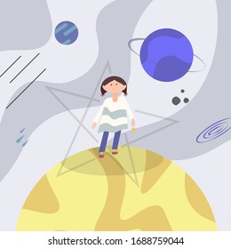 girl in space listens to music. standing on the planet. loneliness concept. in cartoon style.