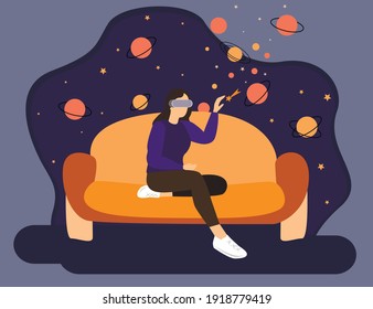 Girl in space on the couch wearing virtual reality glasses