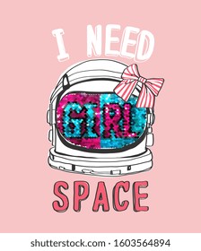 girl space slogan sequins in astronaut helmet illustration