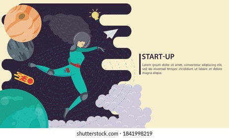 Girl in a space suit in outer space, flying among the planets, flat vector drawing, for design design