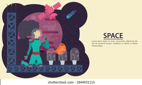 Girl in a space suit in outer space, holding a red flower in her hands, on the background of planets, flat vector drawing for design design