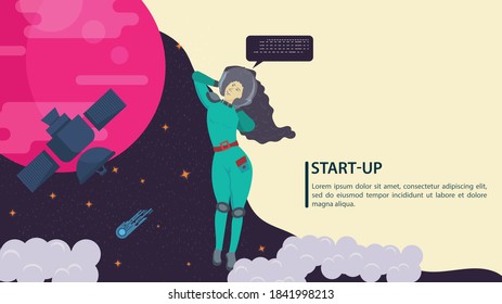 Girl in a space suit, in outer space looking at a satellite in orbit around the planet, flat vector drawing for design design