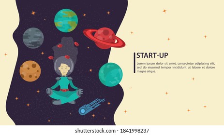 Girl in a space suit in outer space, in the Lotus position meditates, among different planets, flat vector drawing, for design design