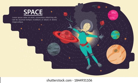 Girl in a space suit, in outer space, on the background of the universe with planets, flat vector drawing, for design design