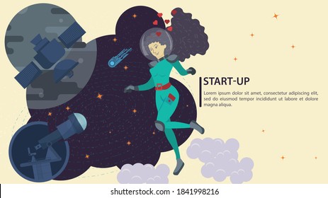 Girl in a space suit, in outer space in zero gravity looks at the telescope Observatory, flat vector drawing, for design design