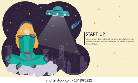 Mädchen in einem Weltraumanzug im Weltraum, ohne Gravitation, sitzend auf einer Wolke, auf dem Hintergrund eines UFO, flache Vektorzeichnung, für Design-Design