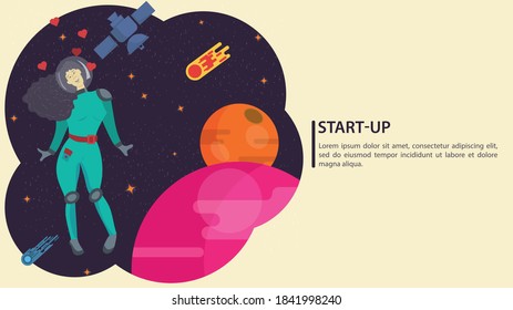 Girl in a space suit, in outer space in zero gravity, on the background of a pink planet and satellite, flat vector drawing, for design design