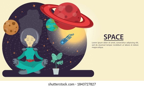 girl in a space suit in space, sitting next to a flower in the Lotus position, on the background of planets, flat vector drawing for design design