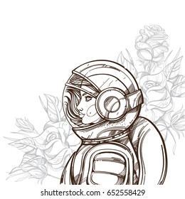 Girl in a spacesuit and roses. Woman astronaut. Cosmic Beauty. Outline vector illustration for posters, coloring page and other items.