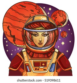 Girl in a spacesuit for t-shirt design or print. Woman astronaut. Cosmic Beauty. Martian, alien illustration.