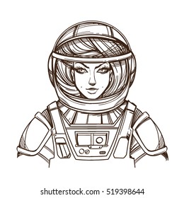 Girl in a spacesuit for t-shirt design or print. Woman astronaut. Cosmic Beauty. Martian, alien outline illustration on a white background.