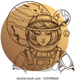 Girl in a spacesuit for t-shirt design or print. Woman astronaut. Cosmic Beauty. Martian, alien outline illustration on a beige background of the circle.