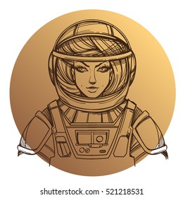 Girl in a spacesuit for t-shirt design or print. Woman astronaut. Cosmic Beauty. Martian, alien outline illustration on a beige background of the circle.