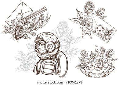 Girl in a spacesuit for t-shirt design or print. Woman astronaut. Cosmic Beauty. A set of outline illustrations with sketches of tattoos.