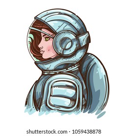 Girl in a spacesuit. Woman astronaut. Vector illustration isolated on white background for posters, print on T-shirts and other items.