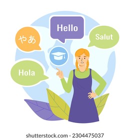 Girl speak languages. Woman greets in different languages. Character standing with speech bubbles with various words. Translator, international communication. Cartoon flat vector illustration