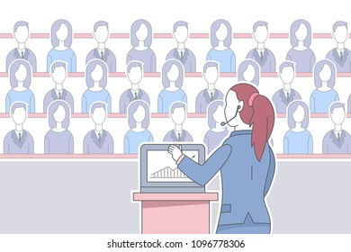 Girl speaker in headset with laptop gives a speech to the audience at a business conference. Vector concept illustration of trainings and presentations.