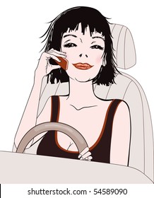 A girl speaking to a cell phone while driving a car, concept of danger driving