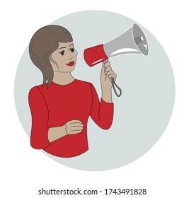 Girl is speaking into a megaphone. Can be used in social networks and blogs to make important announcement.
