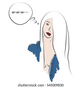 Girl Speaking a Message or Thinking About Something with Speech Balloon. Vector Illustration. Hand Drawn Sketch.