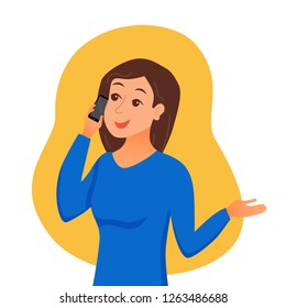 Girl speaking using her smartphone holding in her hand. Woman with pretty handsome young face have a talk colorful cartoon style vector illustration. Business concept of manager of call center. 