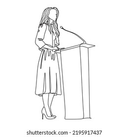 The girl speaks behind the podium. Vector one line art.