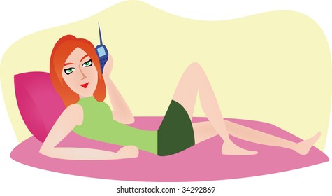The girl speaks by phone lying in bed