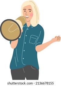 The girl speaks into the loudspeaker.