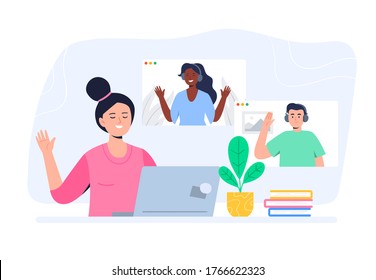 A girl speaks on the laptop with friends. Video conference, online chat concept. Working or online meeting from home. Trendy flat vector illustration.