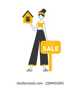 The girl is a specialist in the sale of real estate. Lineart. Isolated. Vector illustration.