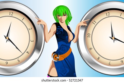 The girl specifying in clock
