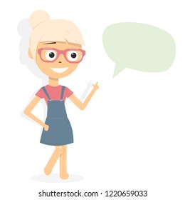 Girl with speech bubble making an announcement. Woman  empty dialog box.
