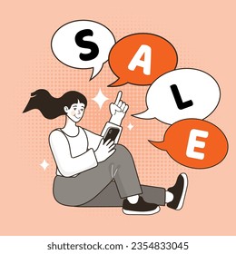 girl with speech bubble Sale. Announcing the message concept. Speaking to people. Promotion. Promo Concept, Advertising Poster. social media. Vector flat illustration.