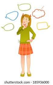Girl with speech bubbles around