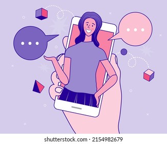 Niña con burbujas de habla. Comunicación en línea en redes sociales y medios. Mujer enviando y recibiendo mensajes de Internet en smartphone o enviando mensajes de texto en teléfono móvil. Ilustración vectorial de dibujos animados planos.