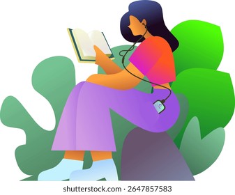 Girl spending quality with herself time reading book and having leasure time away from digital devices or digital detox and self care mental health themed  vector illustration of different type 