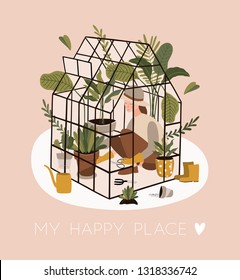 Girl spending time at greenhouse or home garden with plants growing in pots. Young woman caring for houseplants. Trendy vector illustration in flat cartoon style. Poster