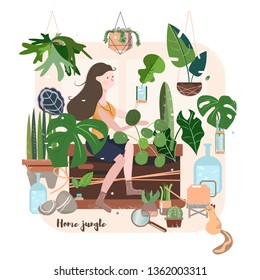 Girl spending time at greenhouse or home gardens. Urban jungle, trendy illustration with home decor, plants, girl planter, cacti, tropical leaves, house flowers. Young woman take care of plants