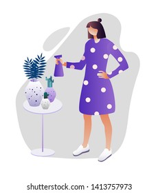 Girl spending time at greenhouse or home garden with plants growing in pots. Young woman caring for houseplants. Trendy vector illustration in flat cartoon style