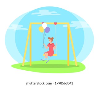 Girl spending time at playground, kindergarten, kid have fun, recreation, pretty girl in dress with air balloons rest relax on swing, little child, playtime on playground, isolated chartoon character