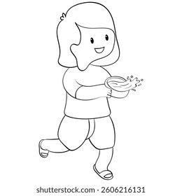 girl splashing water handrawn outline style illustration