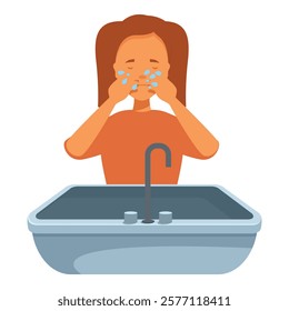 Girl splashing water on her face while washing in the bathroom sink