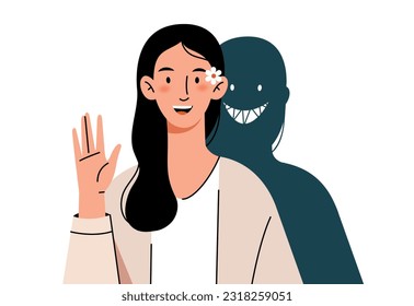 Girl with split personality. Smiling girl with an evil shadow. Hypocrisy, mental disorder, mental instability.Mental health disorder. 