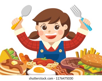 A Girl with spoon and fork going to eat Foods. 