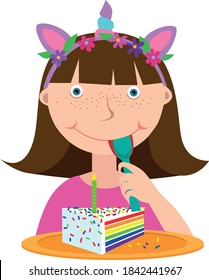 Girl with a spoon in hand, in front of her a plate with a piece of cake. White background
