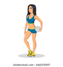 Girl in sport bra, shorts tights, sneakers standing and keeping volleyball ball. Brunette doing exercises. Sportive, active, healthy lifestyle of young woman. Fitness model. Cartoon on white.